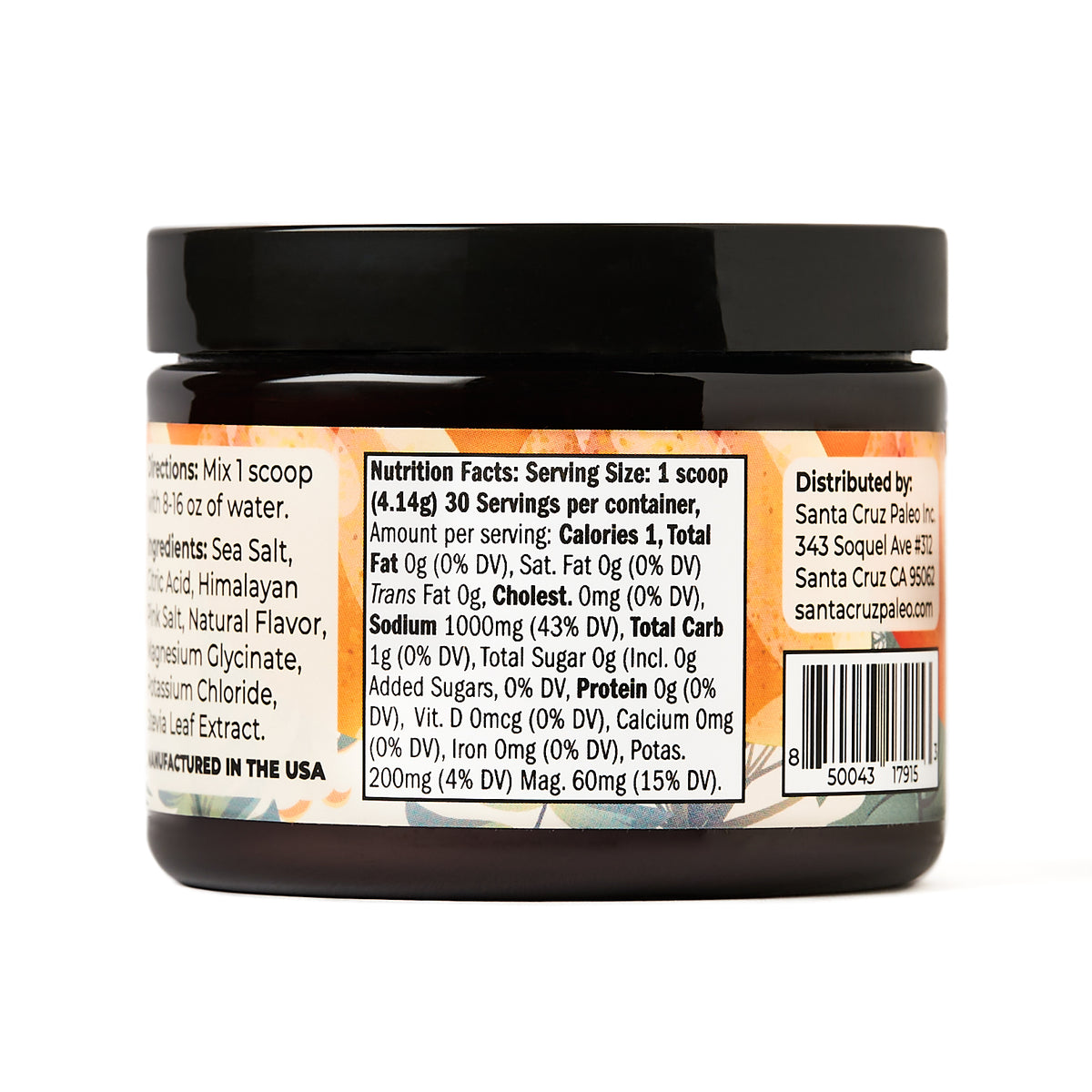 Nutrition facts label on the back of the electrolytes jar