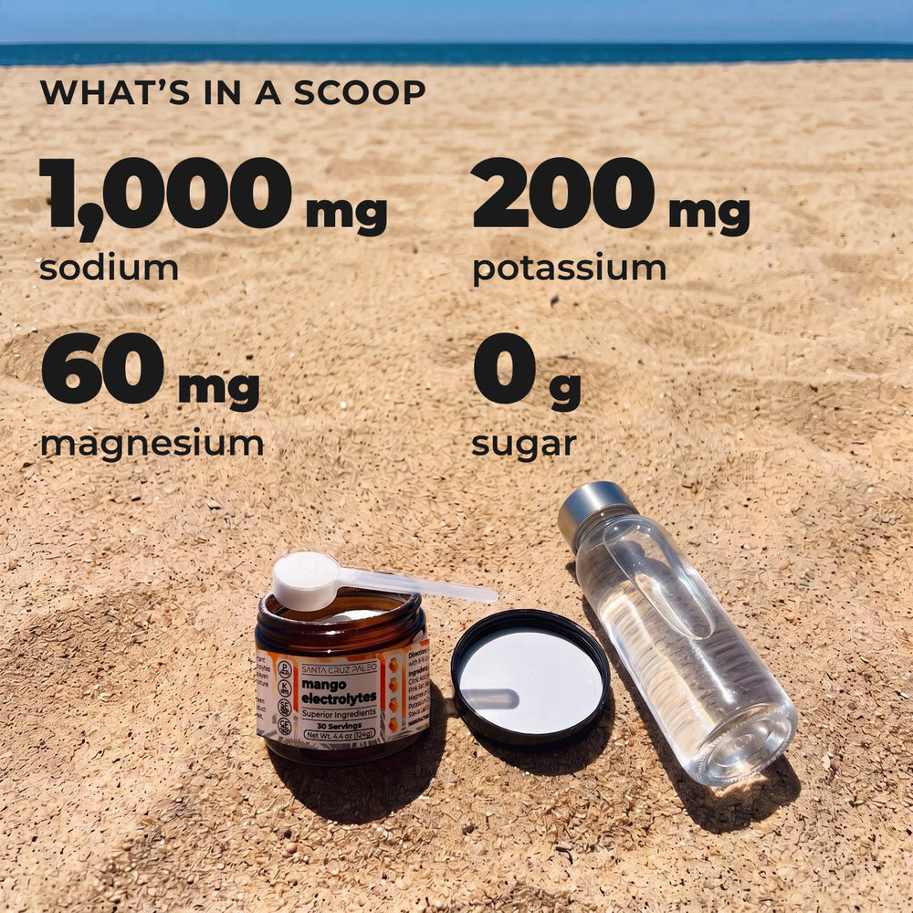 What’s in a scoop: 1,000 mg sodium, 200 mg potassium, 60 mg magnesium, 0 g sugar. Electrolytes tub, scoop and water bottle on the sand