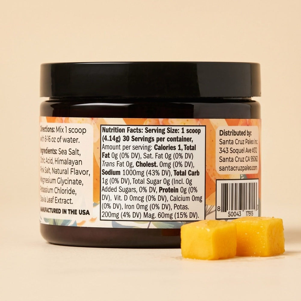 Back of the electrolytes tub with the nutrition facts label