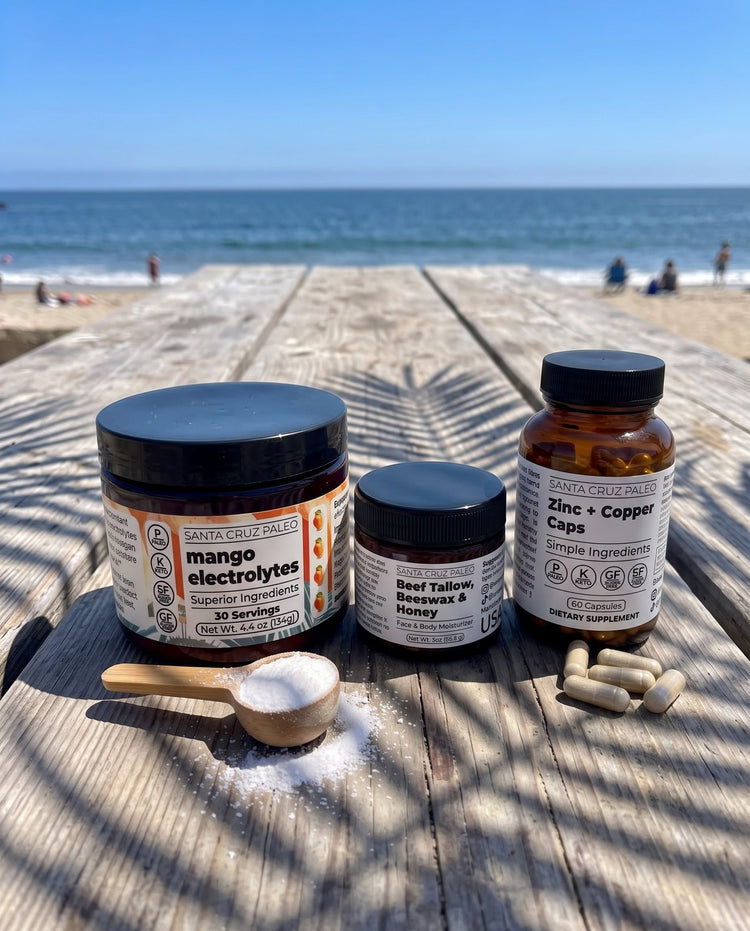 Santa Cruz Paleo products on a picnic table at the beach